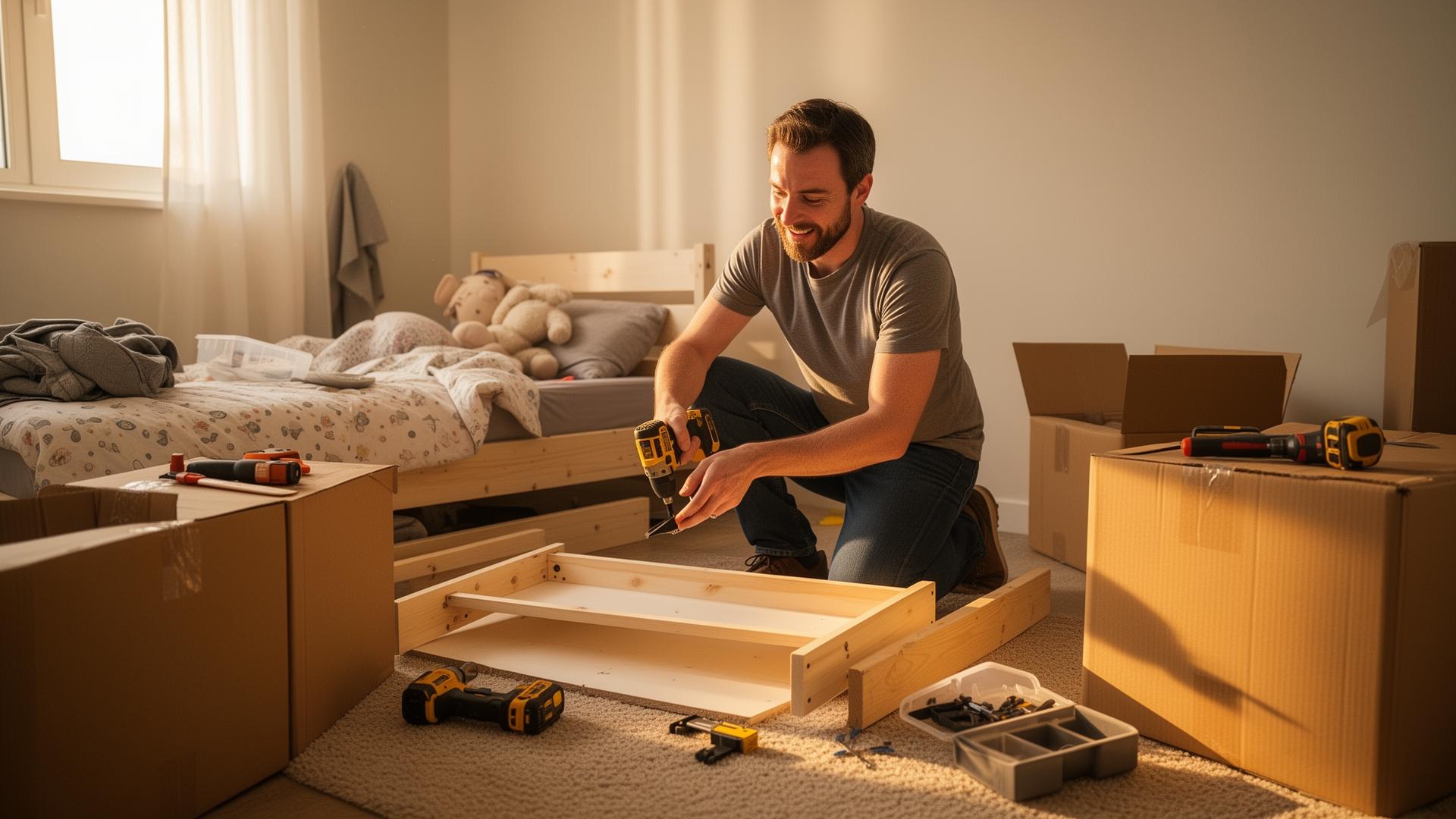 Father setting up child's bedroom in new apartment