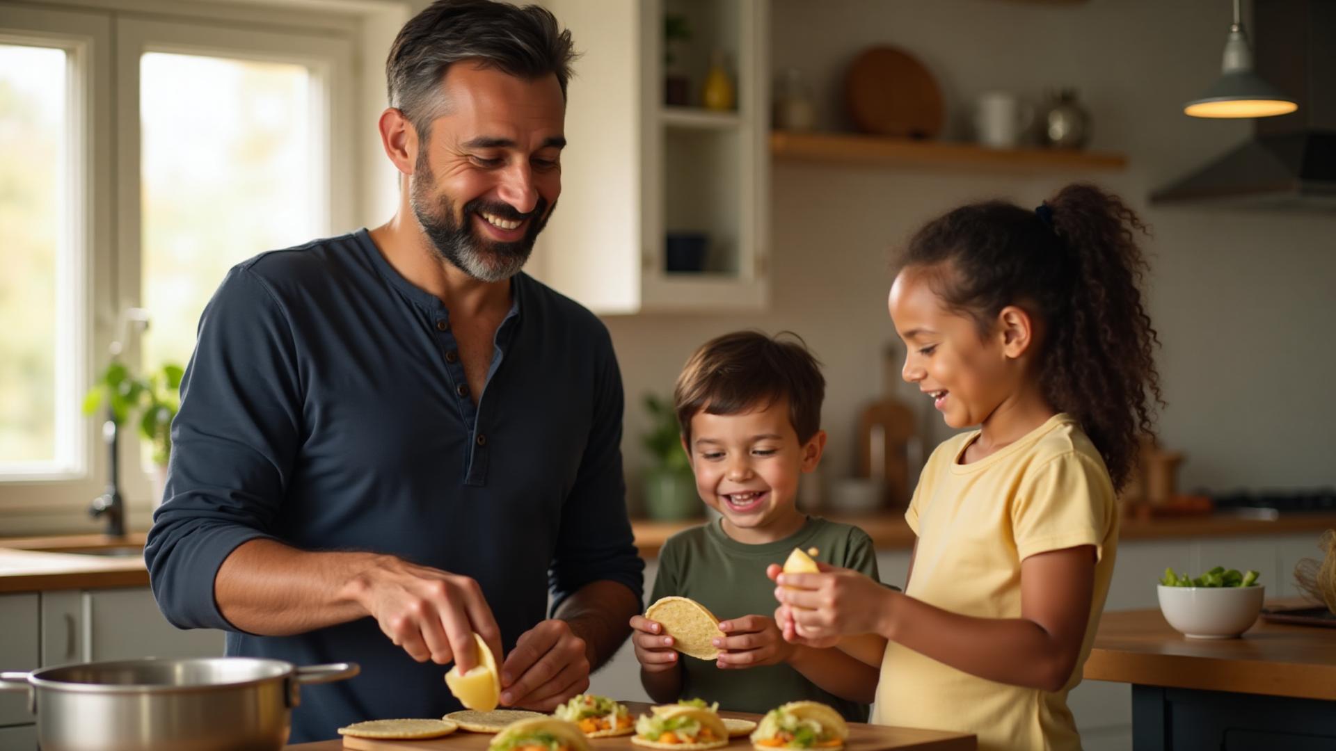 Father making tacos with kids in kitchen