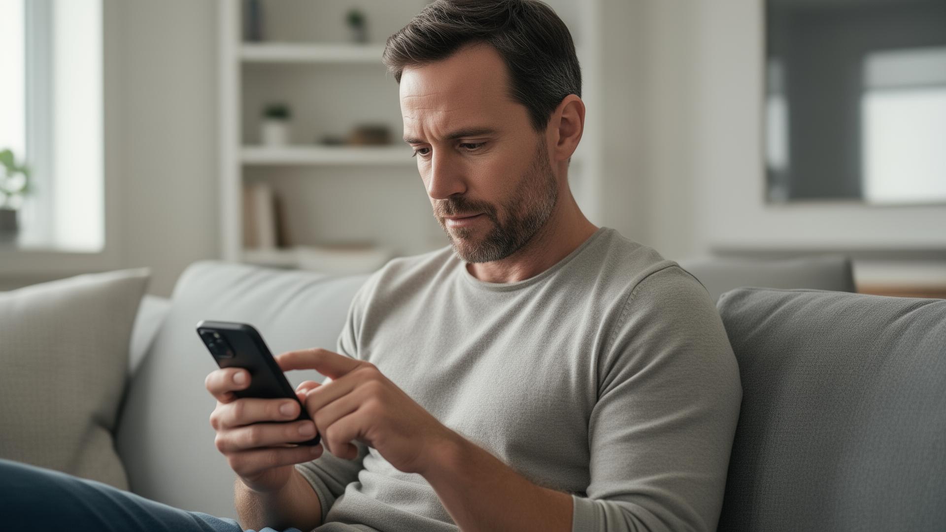 Father using phone calmly to text co-parent