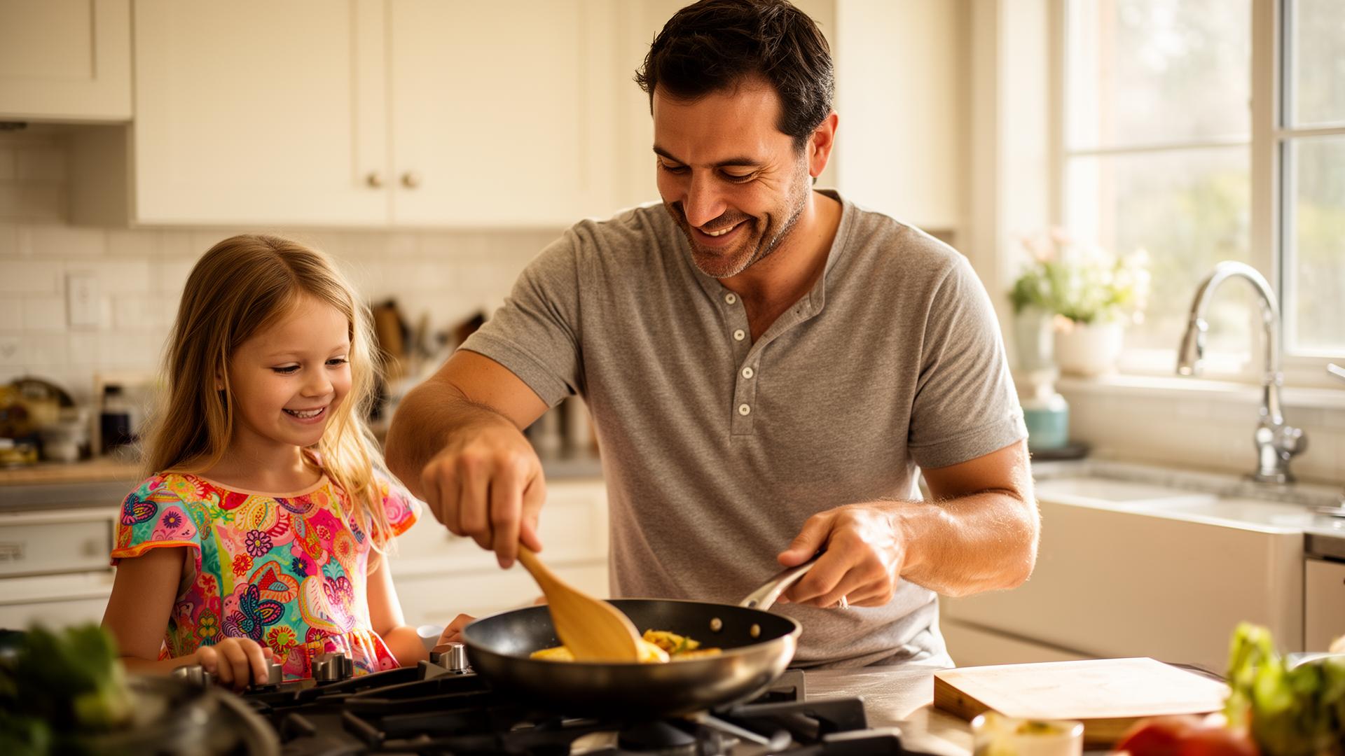 Father cooking dinner with his children in the kitchen