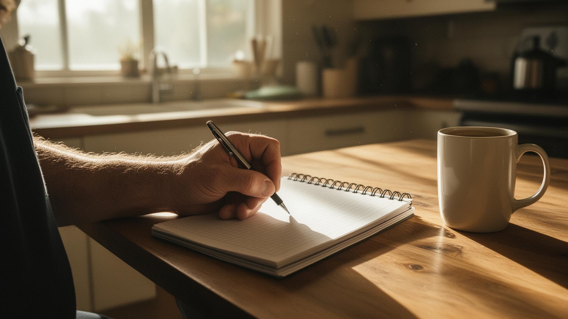 Father documenting visitation notes at kitchen table